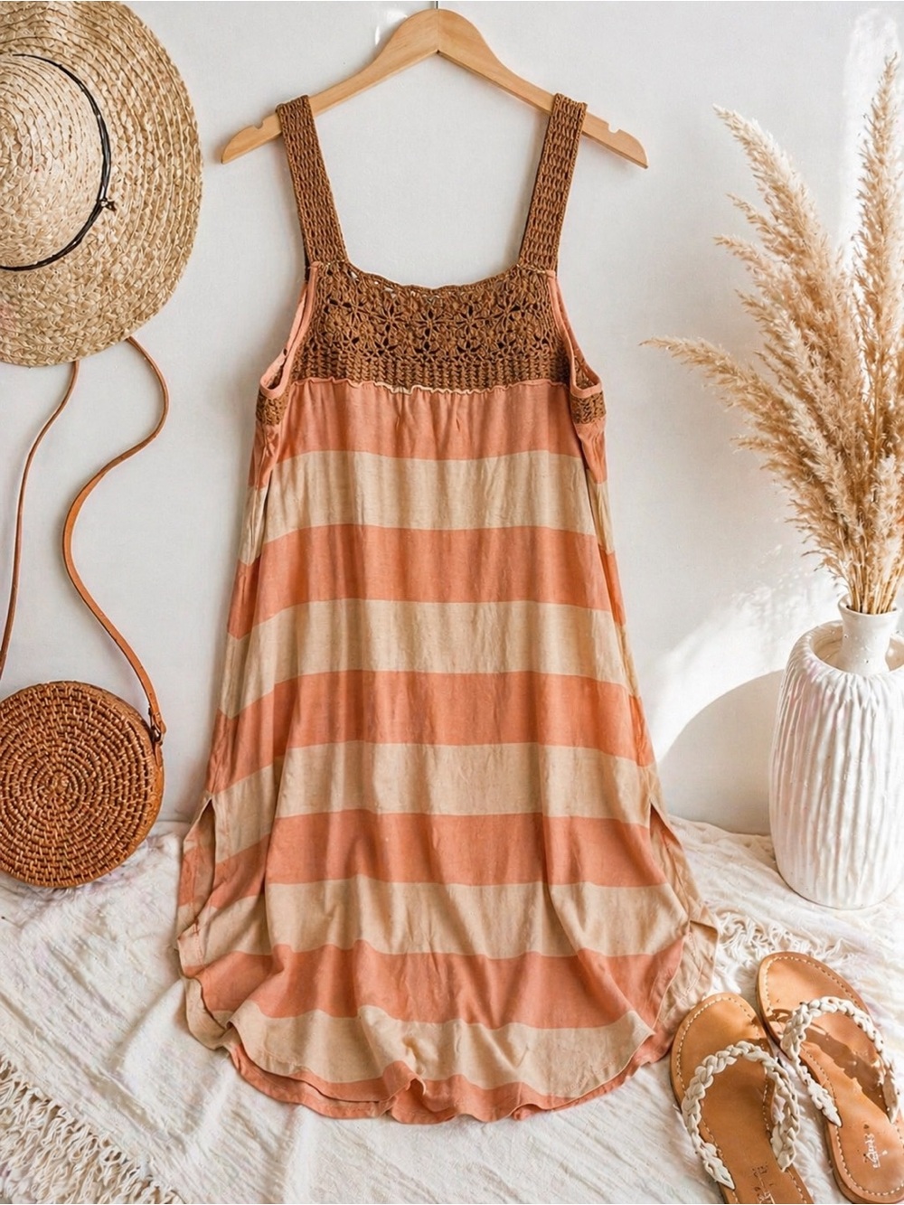 Free People Coral and Cream Striped Midi Dress